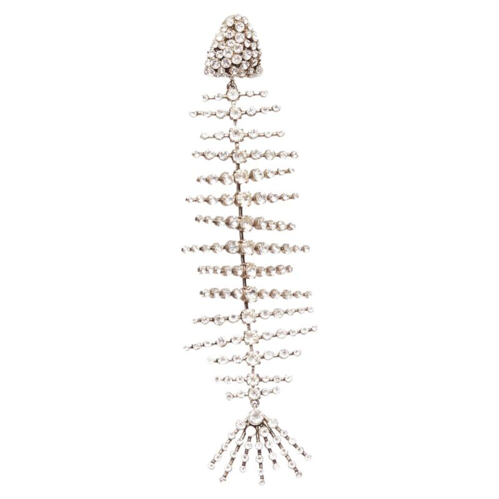 Saint Laurent Crystal Spiral Fish Bone Dangling Clip On Earrings - Picture 3 of 6